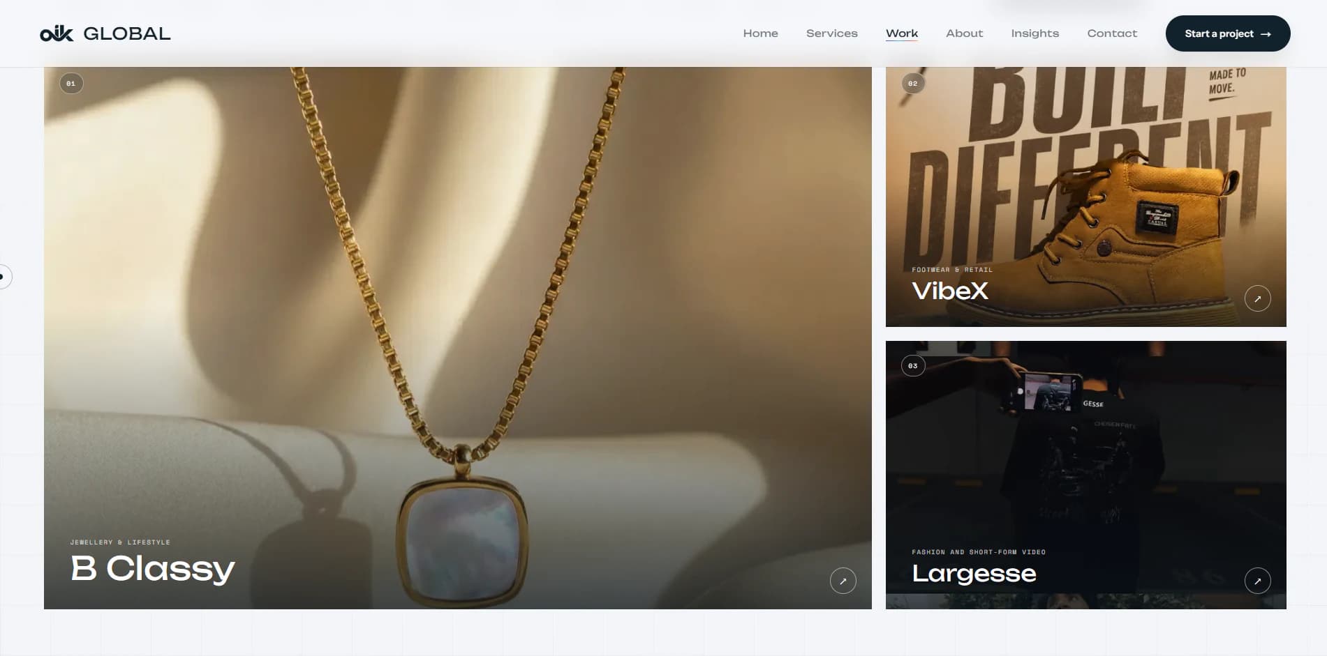 AIK Global selected Work page showing B Classy, VibeX and Largesse projects