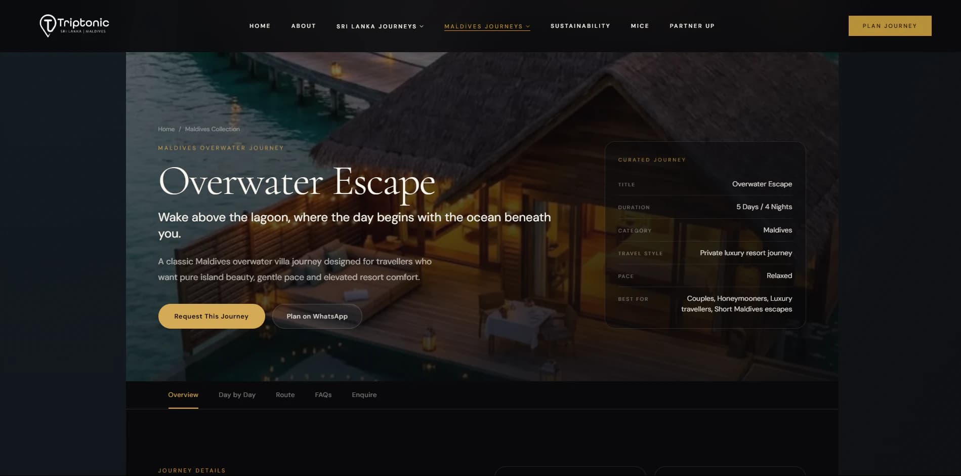 Triptonic Maldives Overwater Escape journey page